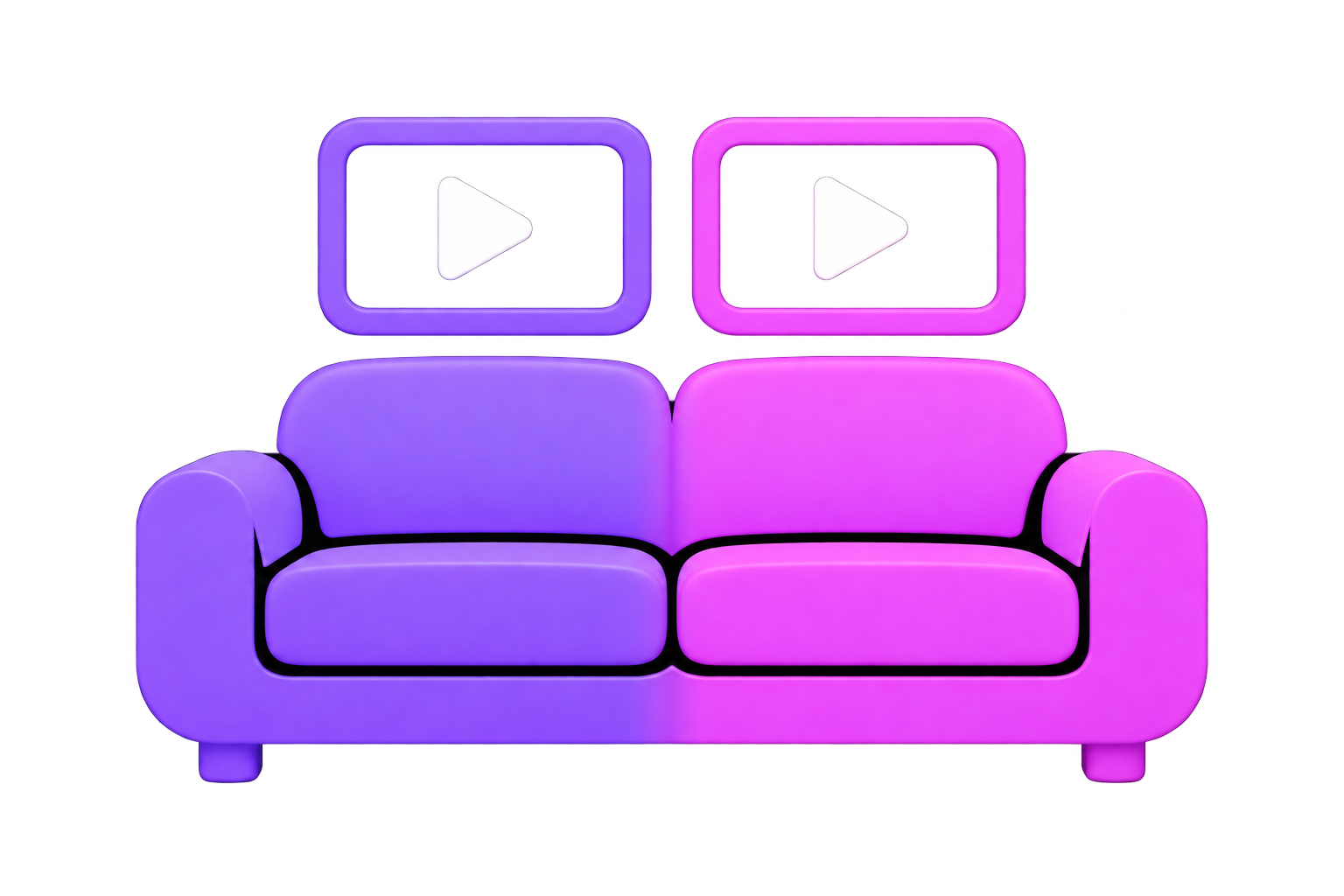Purple and pink loveseat with two video screens